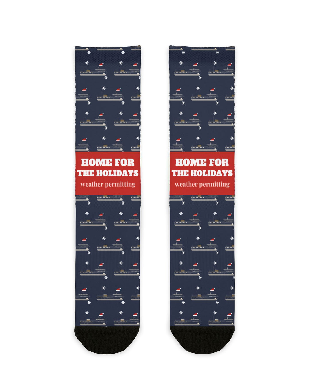 BlockBoundRI Home for the Holidays Block Island socks, navy with ferries and red weather permitting band