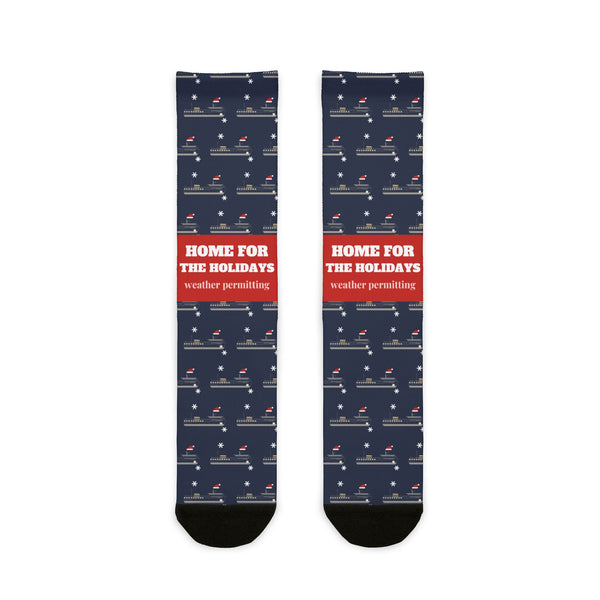 BlockBoundRI Home for the Holidays Block Island socks, navy with ferries and red weather permitting band