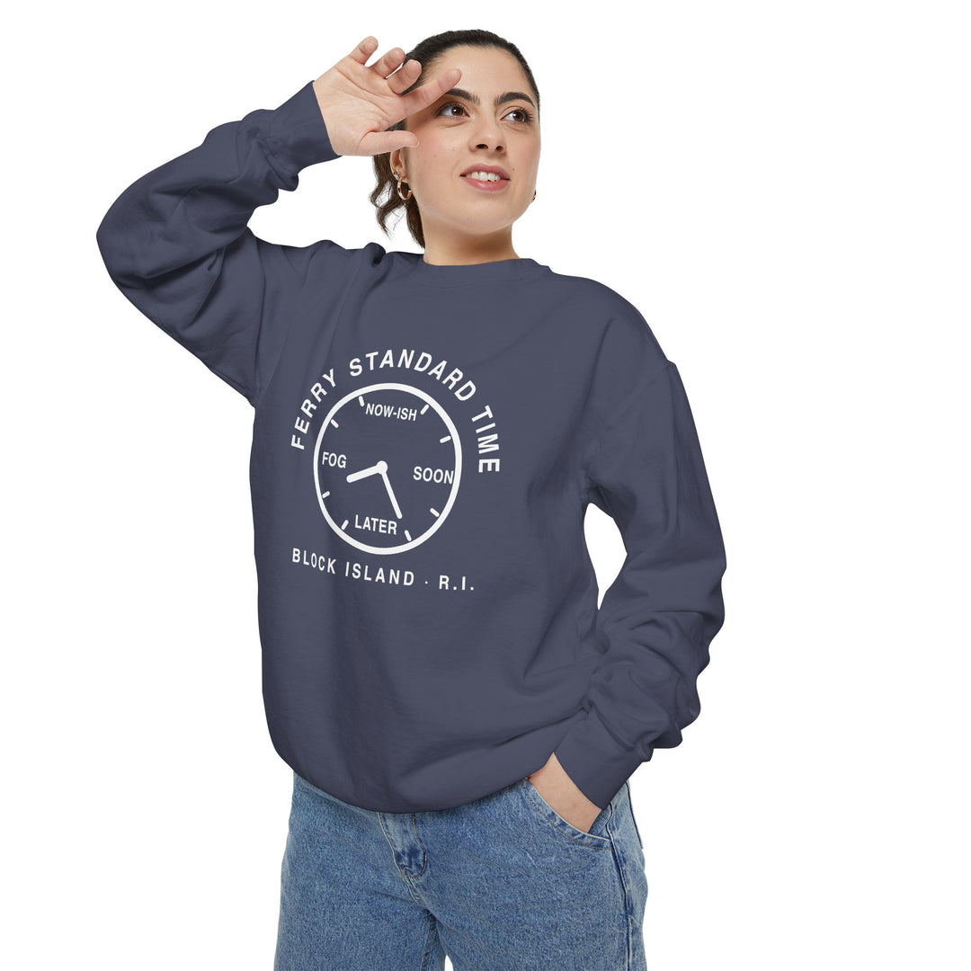 Ferry Standard Time crewneck: white clock face reading Now-ish, Soon, Later and Fog, Block Island R.I. — view 25
