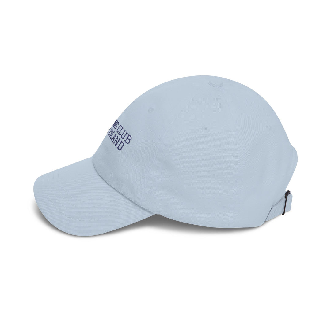 Side angle of the Light Blue Block Island hat showing Crossing Club embroidery and pre-curved bill