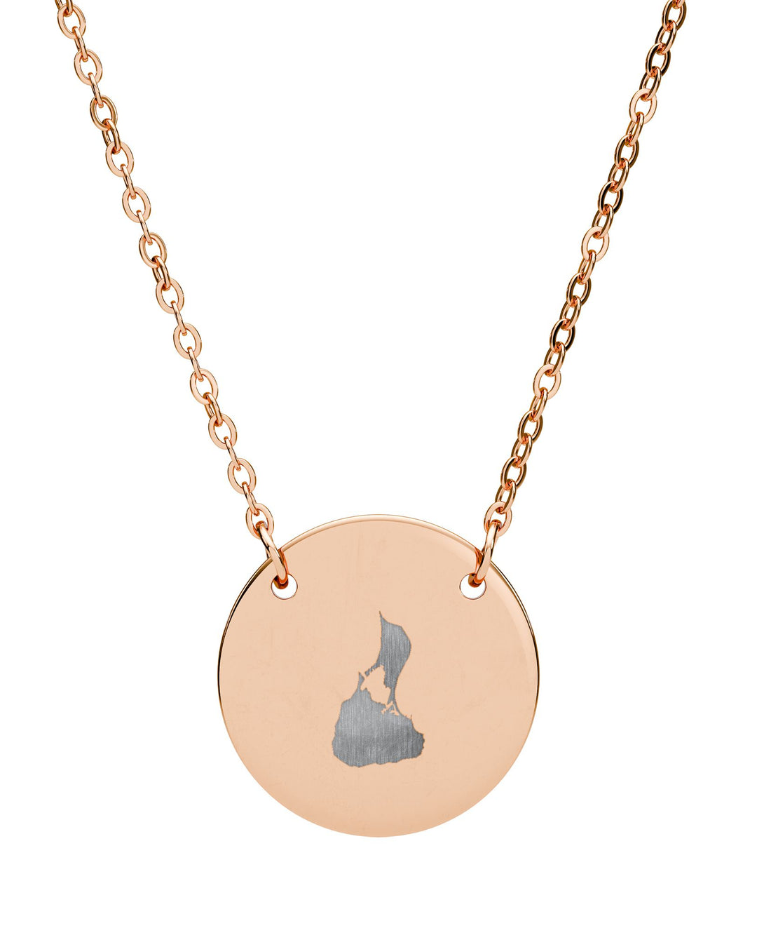 18K Rose Gold PVD coating Block Island map necklace, circle pendant engraved with the island outline on a fine chain