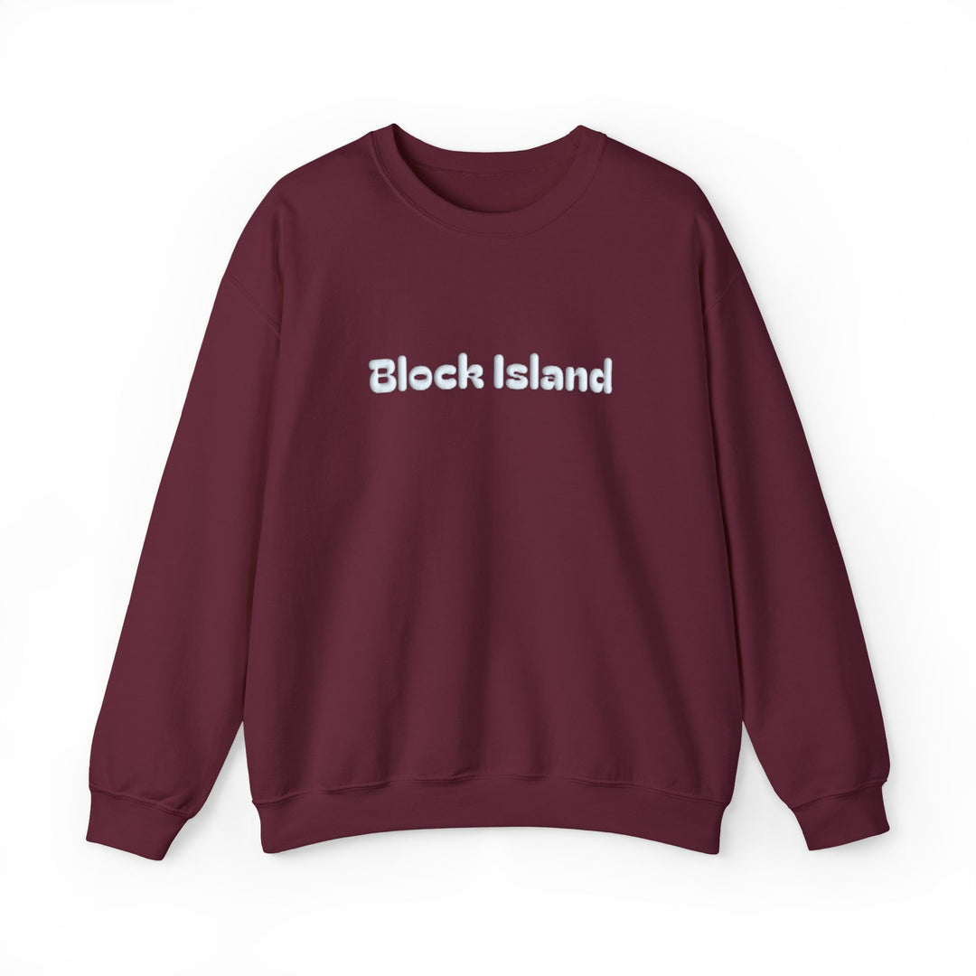 Crewneck sweatshirt with Block Island in raised puff print letters across the chest
