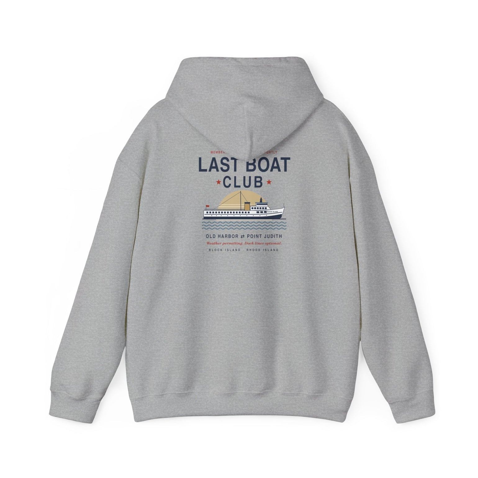 Last Boat Club hoodie: M/V BLOCK ISLAND ferry against a striped sunset, Block Island R.I. — view 31