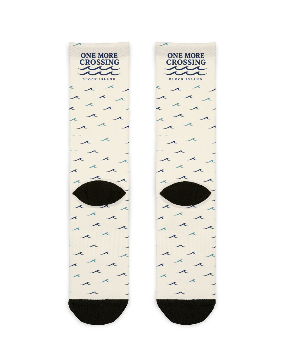 Back of off-white One More Crossing nautical crew socks flat lay showing wave pattern and black heels