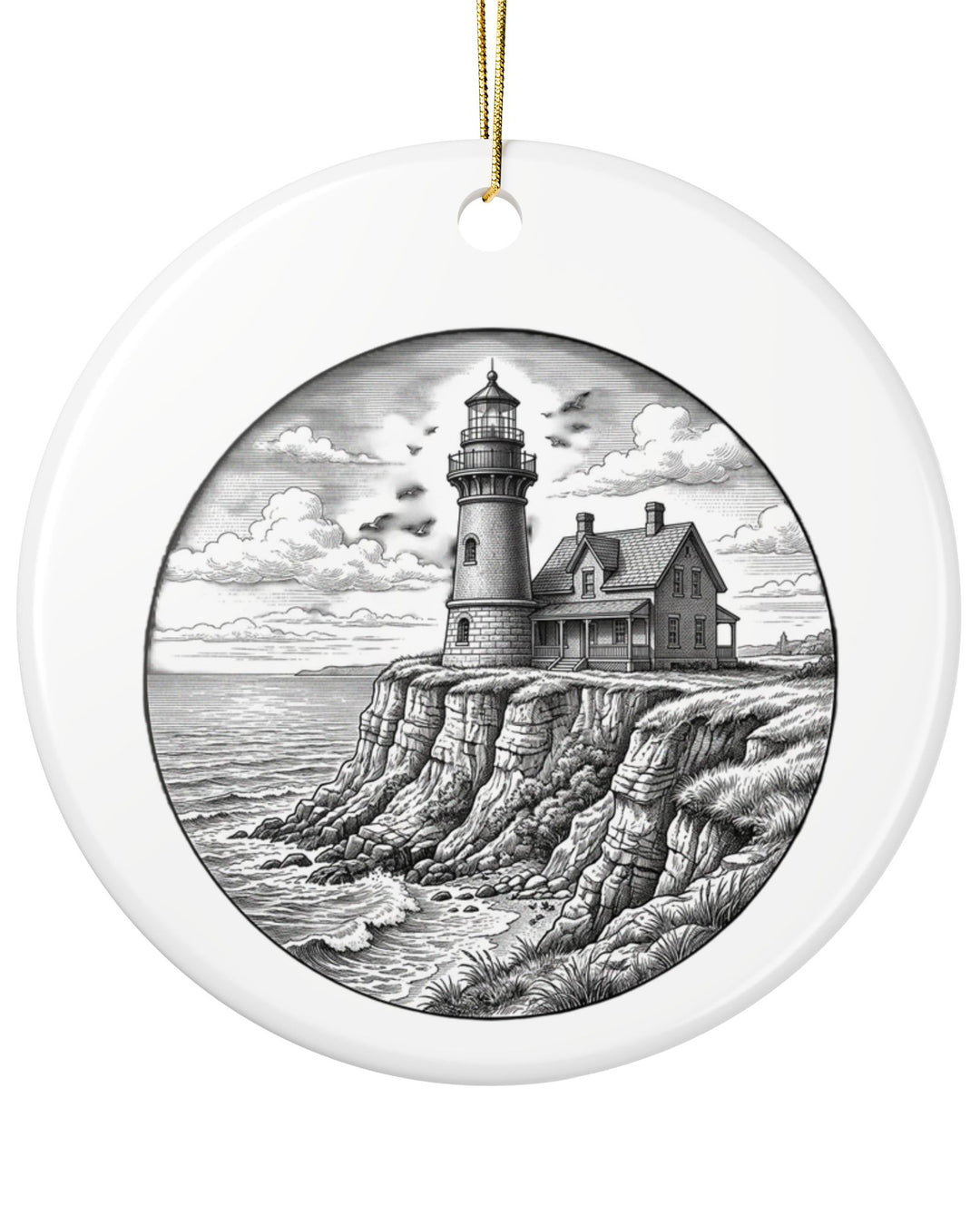 BlockBoundRI Block Island Christmas ornament, round white disc with Southeast Light lighthouse sketch
