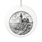 Block Island Christmas Ornament 2026, Southeast Light lighthouse engraving on round ceramic ornament by BlockBoundRI