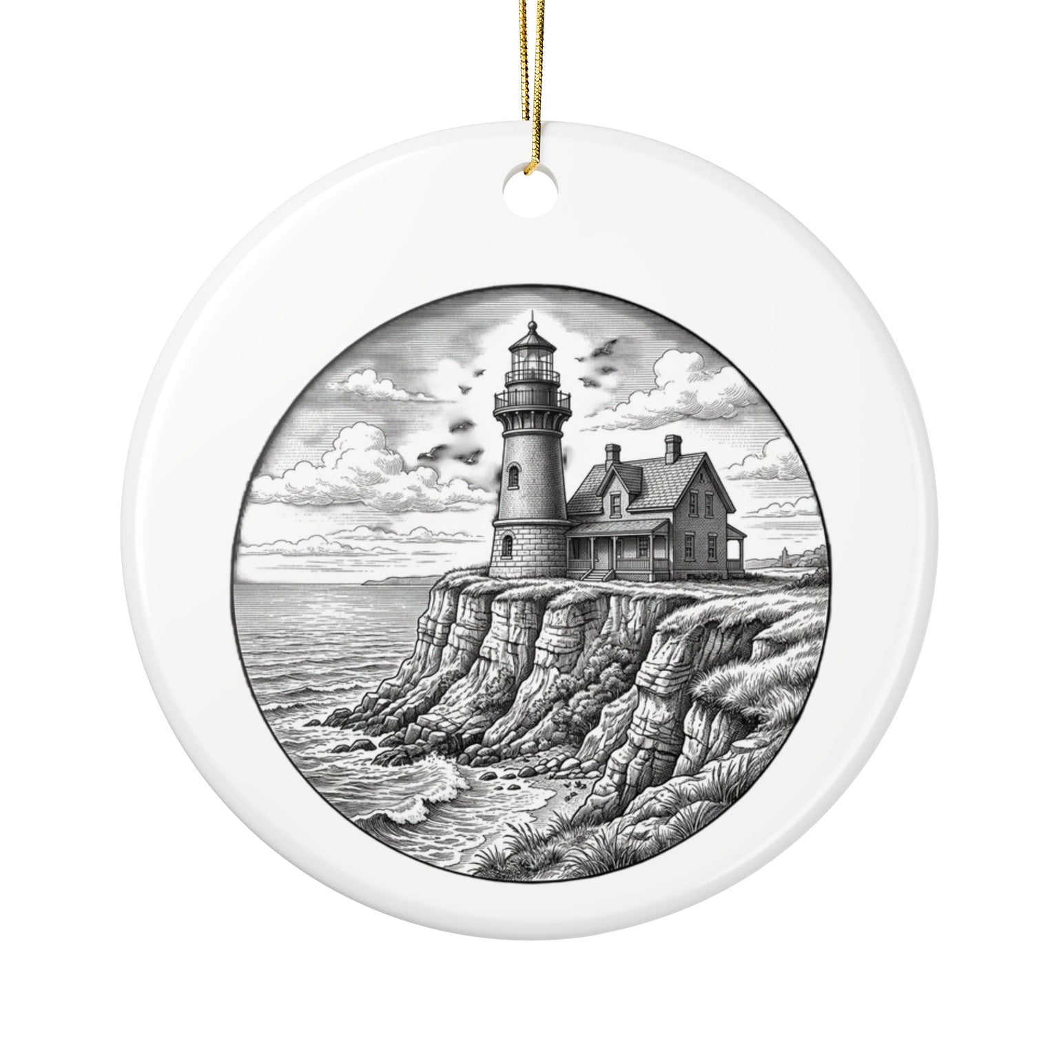 Block Island Christmas Ornament 2026, Southeast Light lighthouse engraving on round ceramic ornament by BlockBoundRI