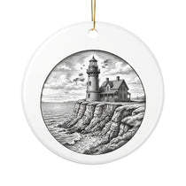 Block Island Christmas Ornament 2026, Southeast Light lighthouse engraving on round ceramic ornament by BlockBoundRI