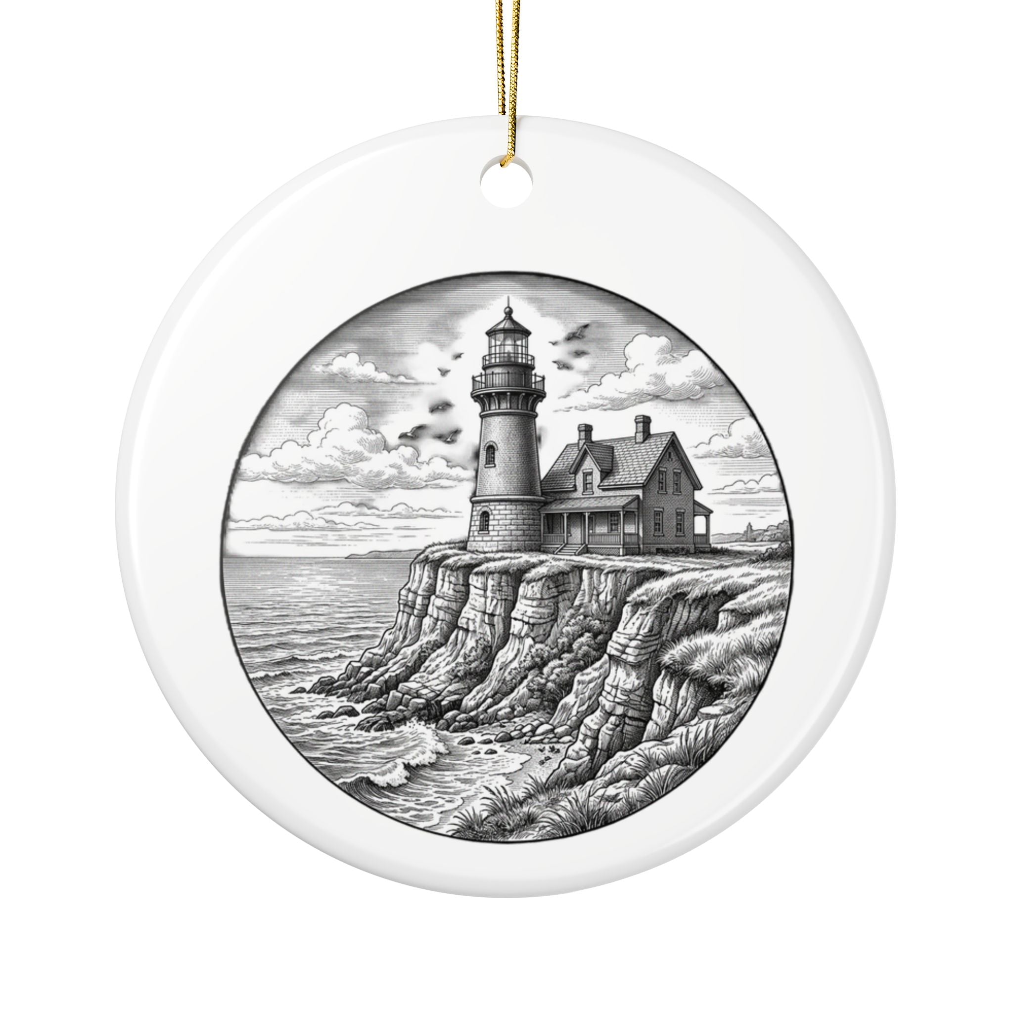 Block Island Christmas Ornament 2026, Southeast Light lighthouse engraving on round ceramic ornament by BlockBoundRI