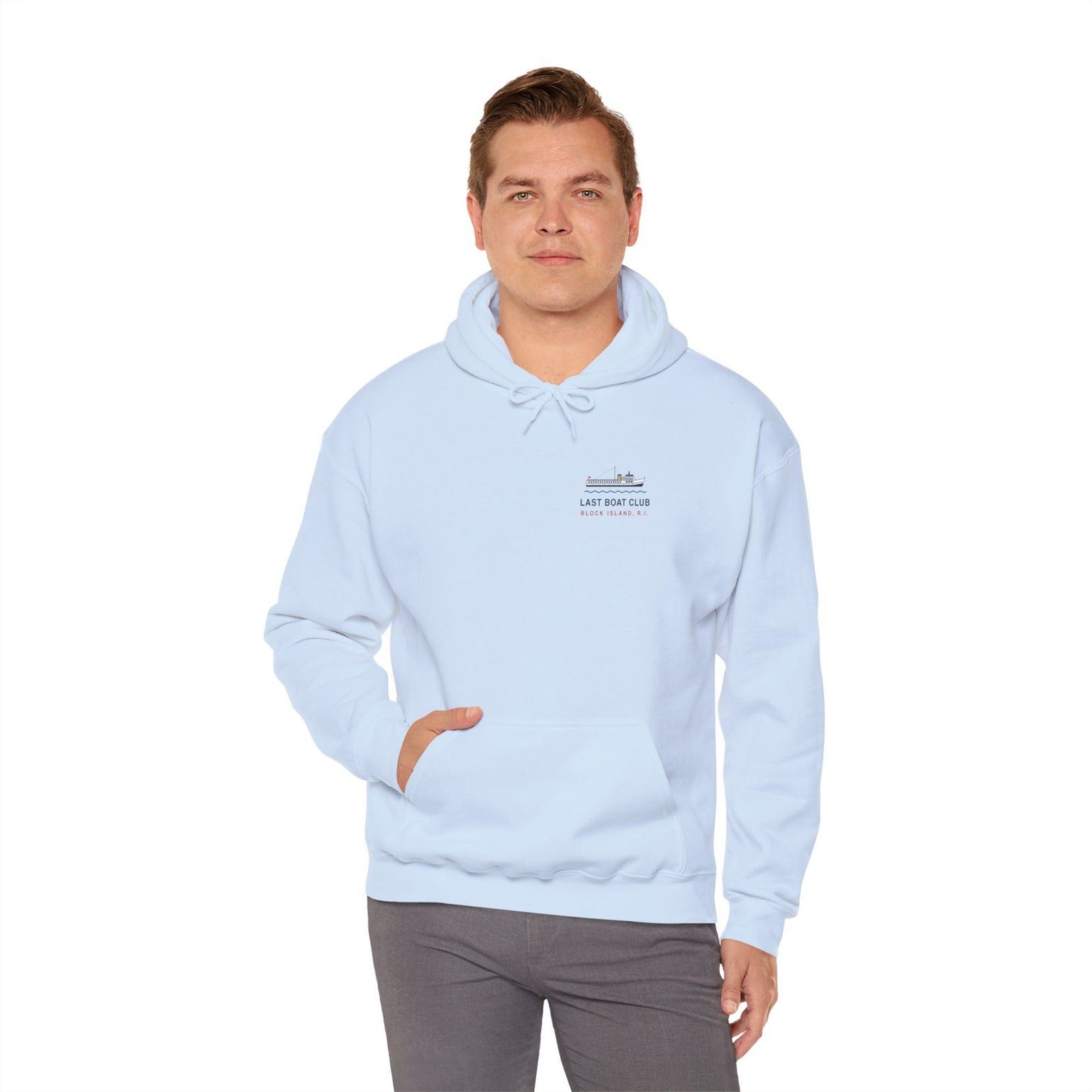 Last Boat Club hoodie: M/V BLOCK ISLAND ferry against a striped sunset, Block Island R.I. — view 53