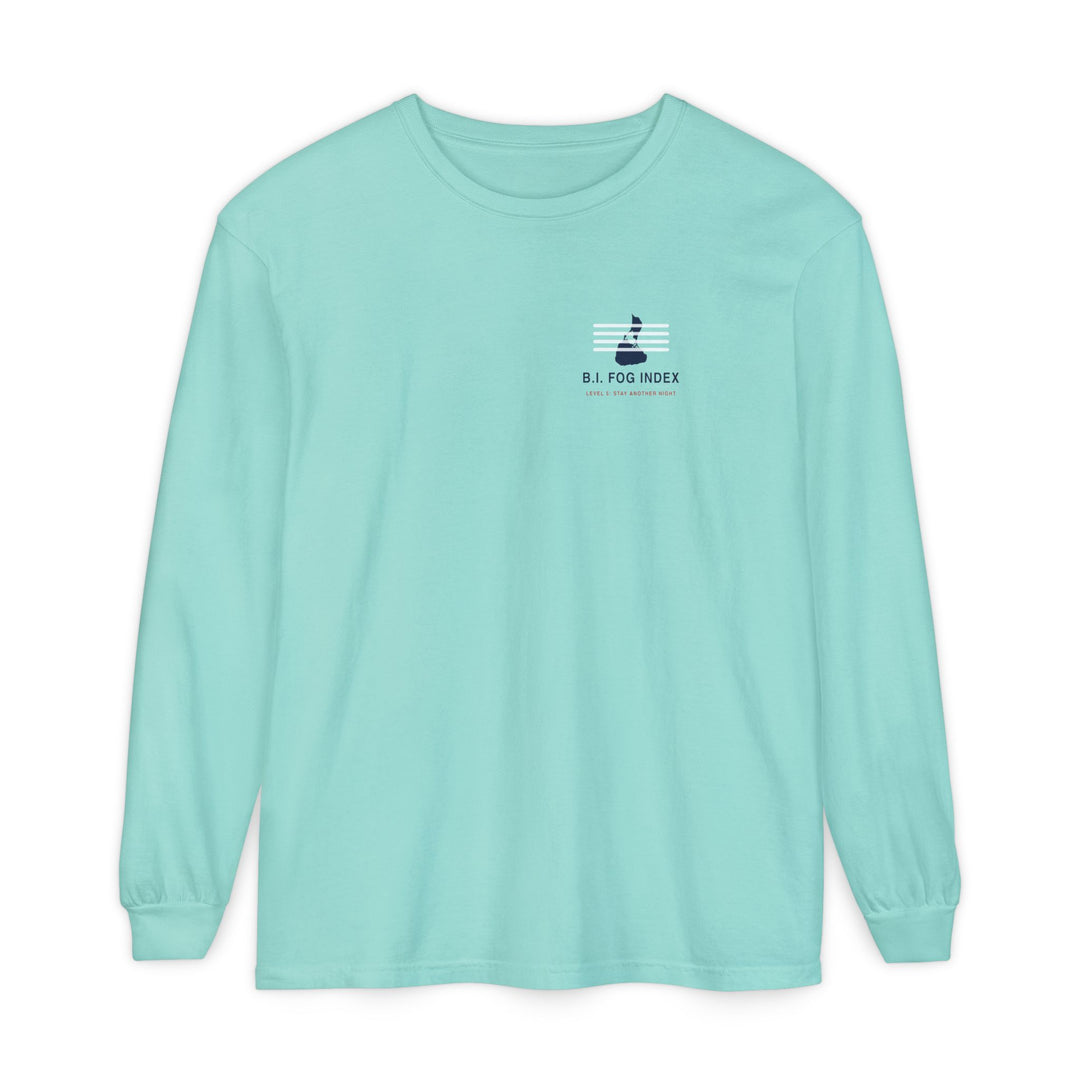 Block Island Fog Index long sleeve: five fog levels from Clear to Island Classic with ferry illustrations — view 3