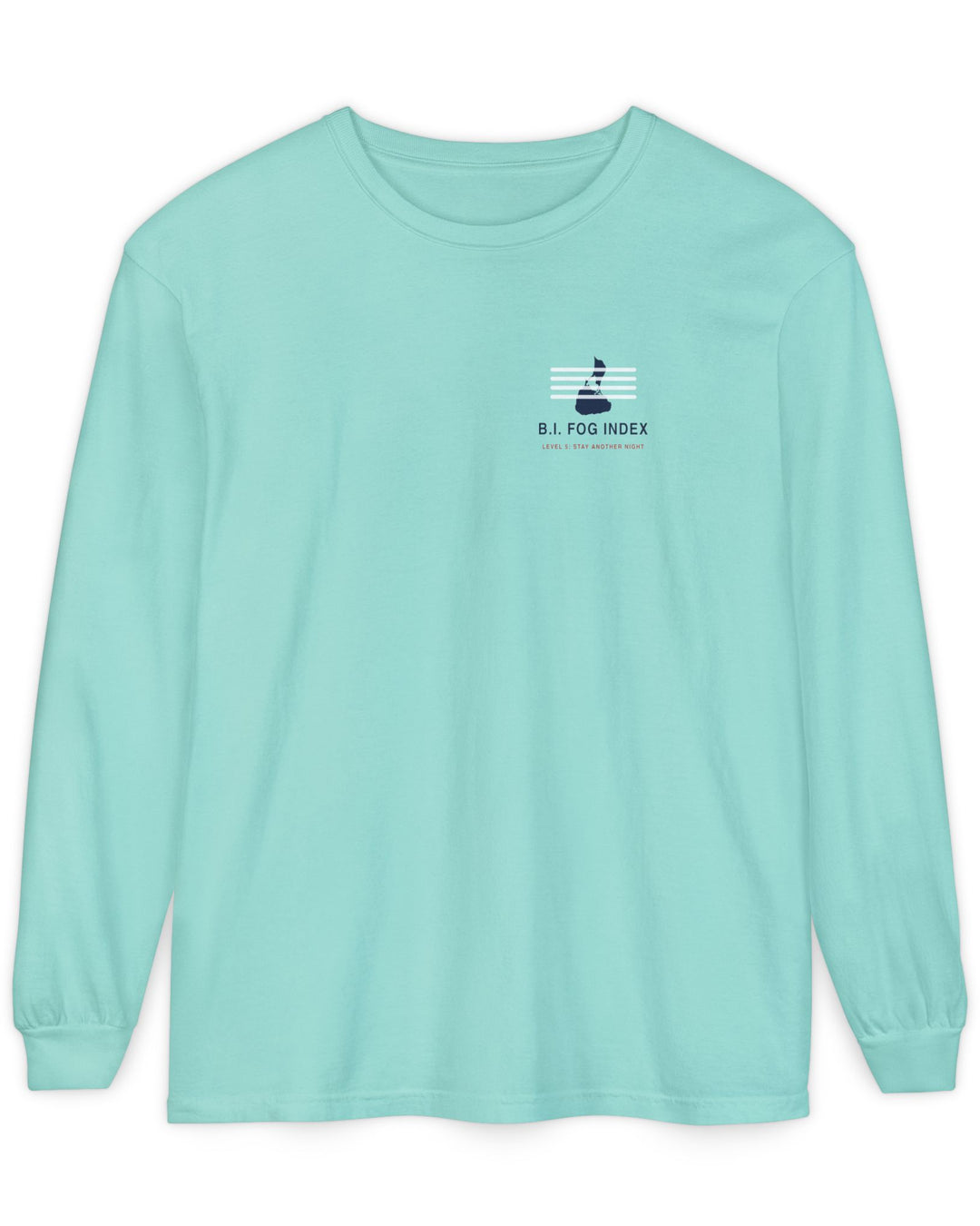 Block Island Fog Index long sleeve: five fog levels from Clear to Island Classic with ferry illustrations — view 3