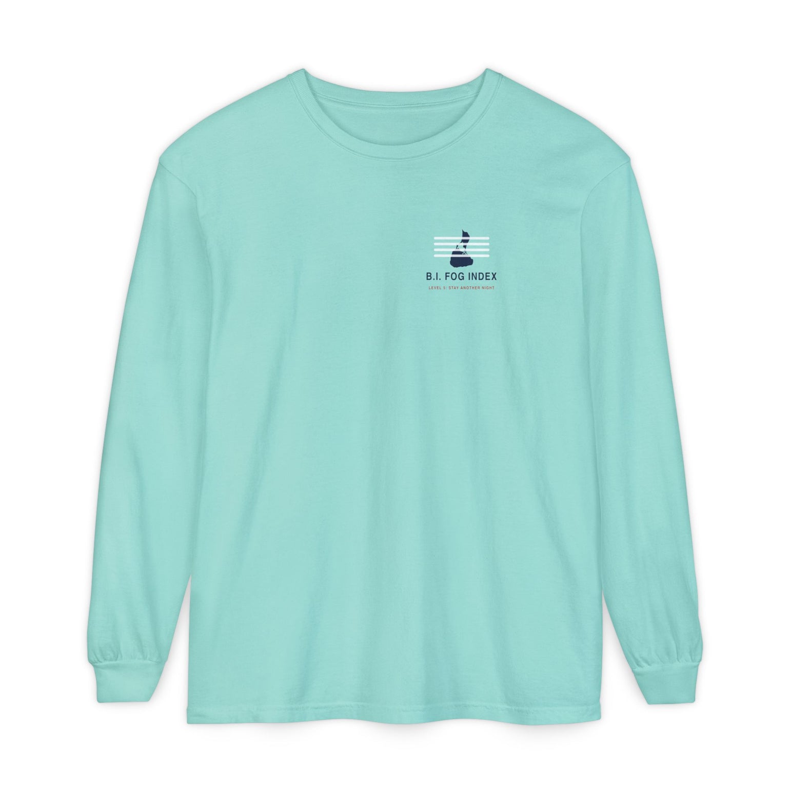 Block Island Fog Index long sleeve: five fog levels from Clear to Island Classic with ferry illustrations — view 3