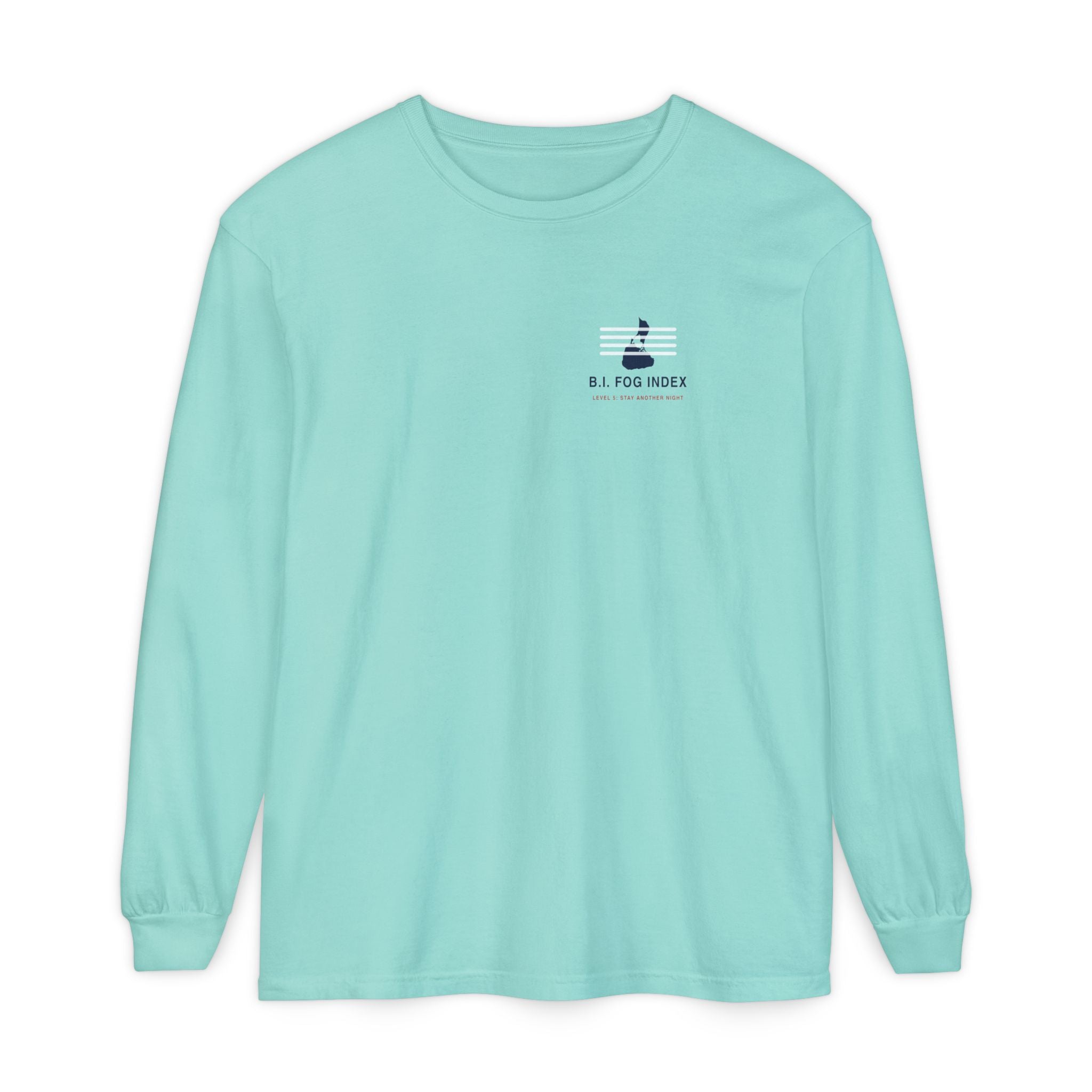 Block Island Fog Index long sleeve: five fog levels from Clear to Island Classic with ferry illustrations — view 3