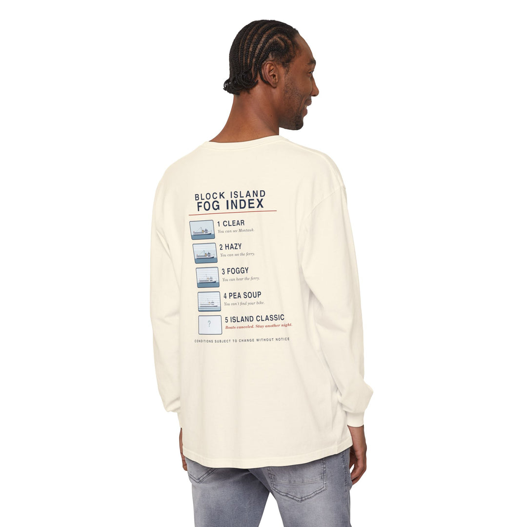 Block Island Fog Index long sleeve: five fog levels from Clear to Island Classic with ferry illustrations — view 7