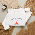Crewneck sweatshirt with BLOCK ISLAND embroidered in arched varsity letters over a stitched Block Island map and RHODE ISLAND
