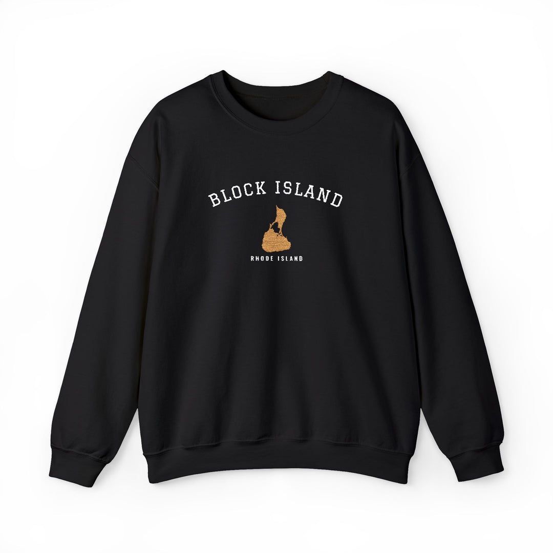 Crewneck sweatshirt with BLOCK ISLAND embroidered in arched varsity letters over a stitched Block Island map and RHODE ISLAND