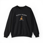 Crewneck sweatshirt with BLOCK ISLAND embroidered in arched varsity letters over a stitched Block Island map and RHODE ISLAND