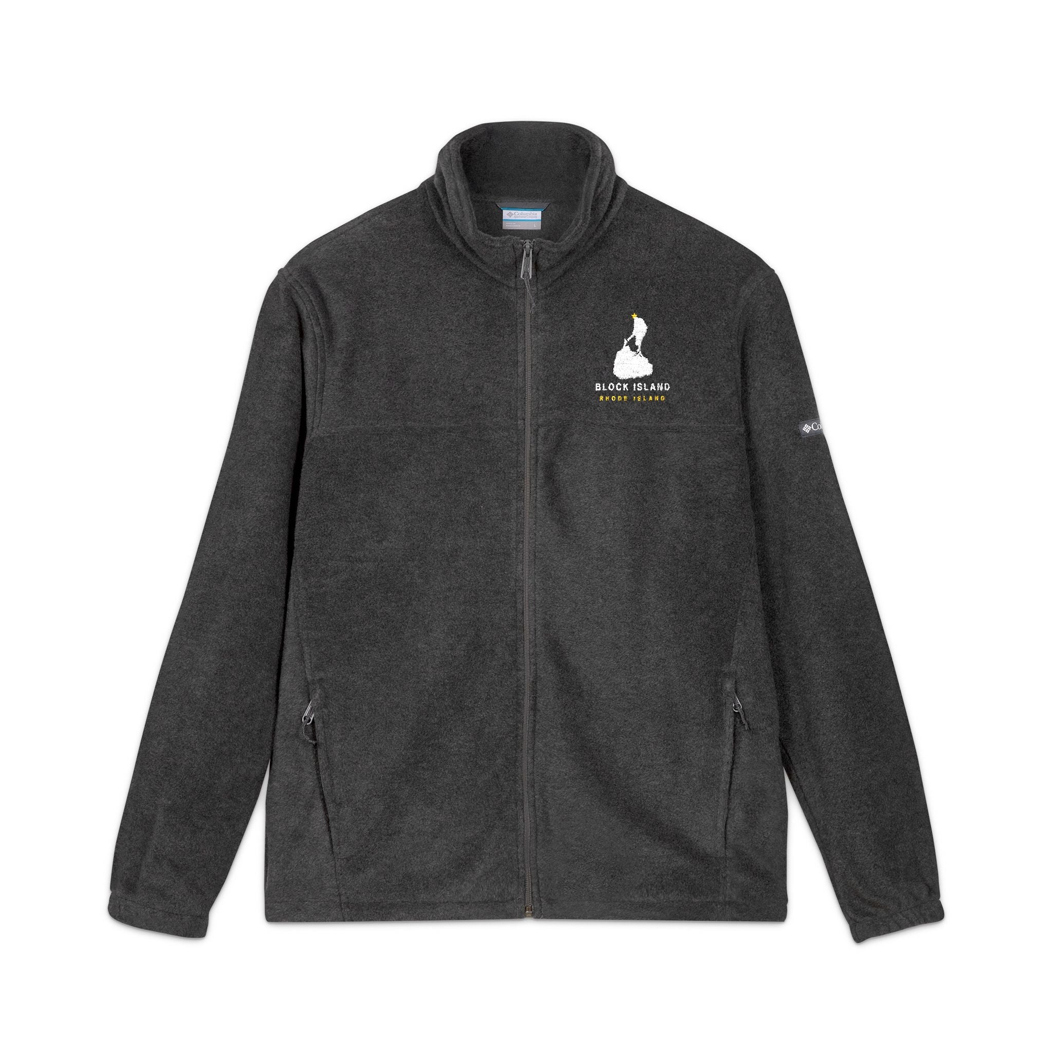 Columbia fleece jacket with embroidered Block Island outline and Block Island Rhode Island wordmark on the left chest