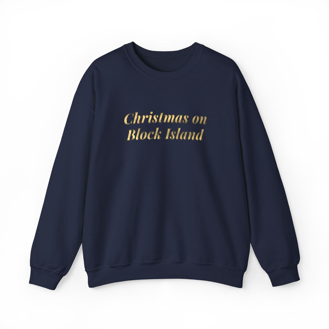 Crewneck sweatshirt with Christmas on Block Island in gold metallic italic lettering