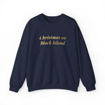 Crewneck sweatshirt with Christmas on Block Island in gold metallic italic lettering