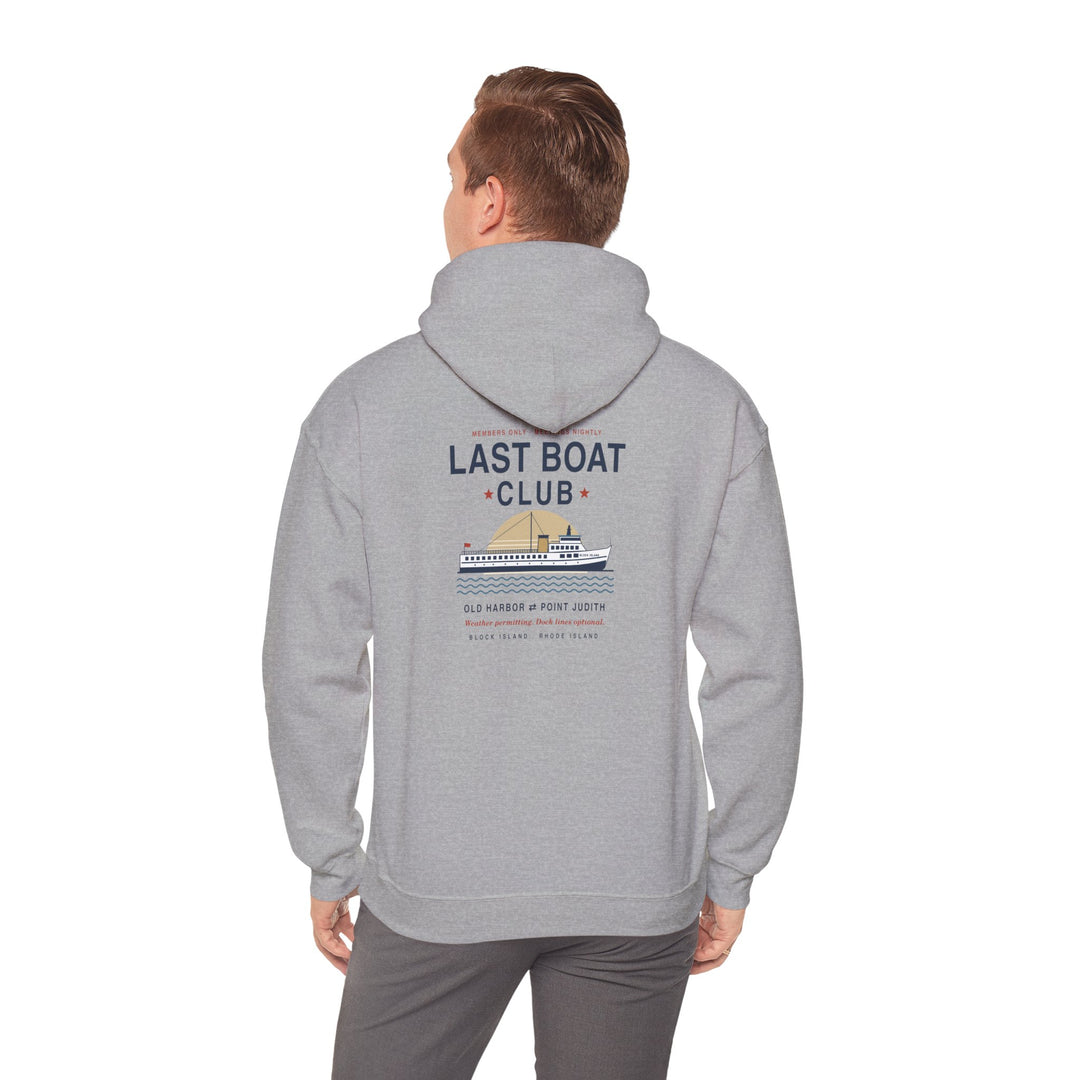 Last Boat Club hoodie: M/V BLOCK ISLAND ferry against a striped sunset, Block Island R.I. — view 41