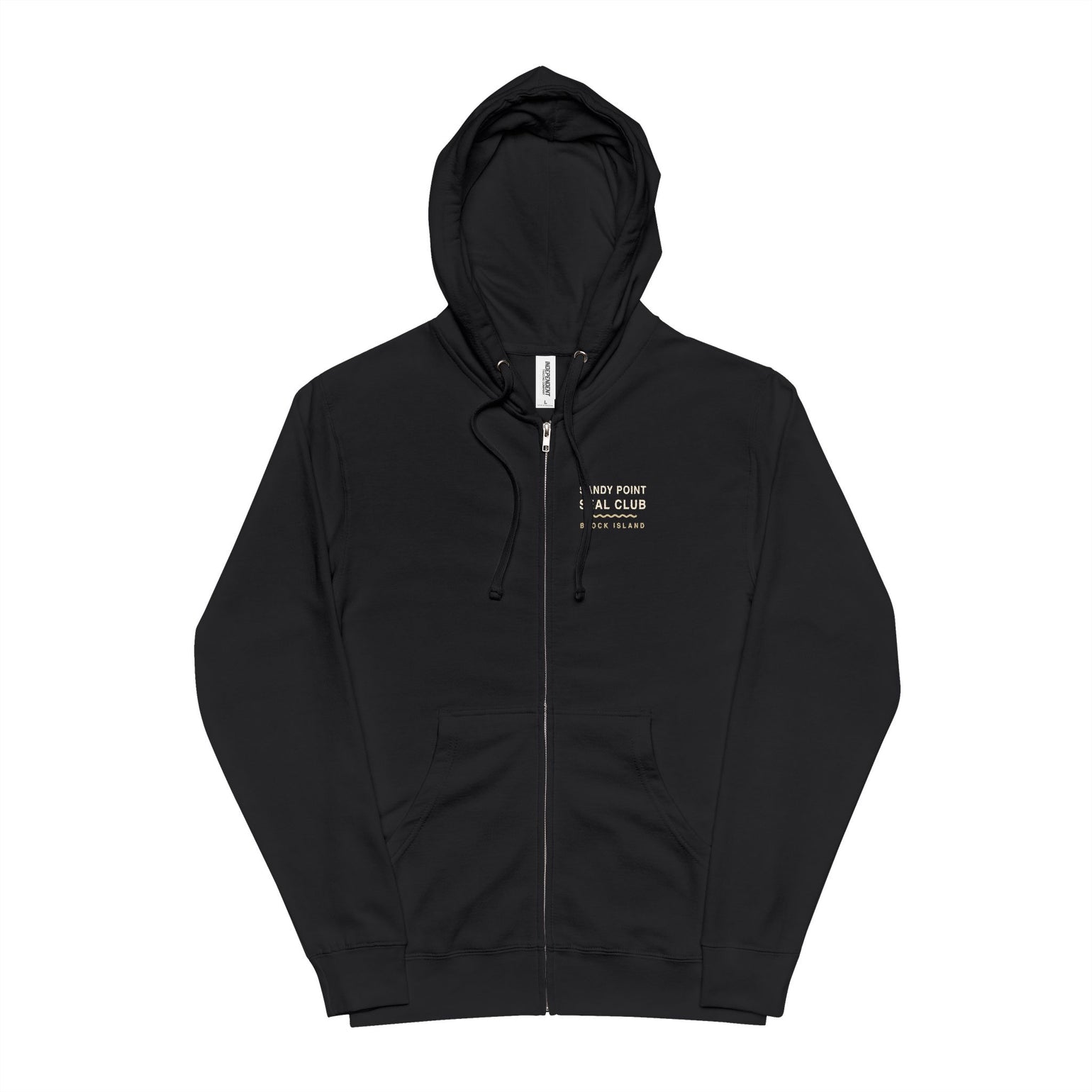 Sandy Point Seal Club zip hoodie back: grey seal on a rock with North Light, Block Island, in a round badge — view 8
