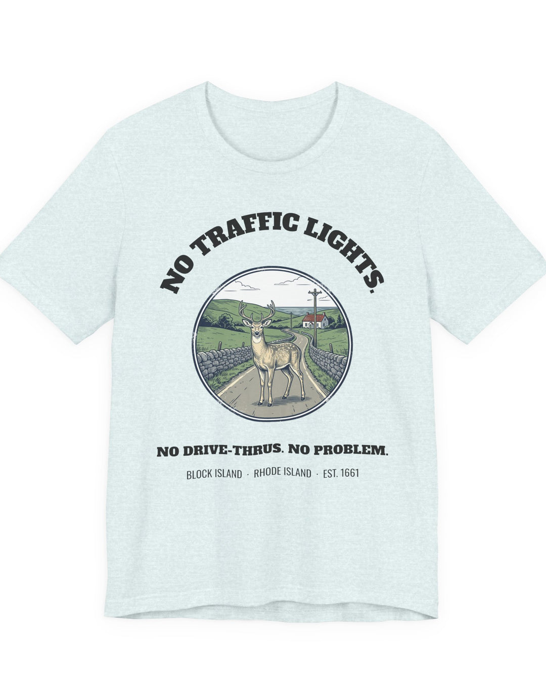 Block Island No Traffic Lights T-Shirt in Heather Ice Blue, BlockBoundRI