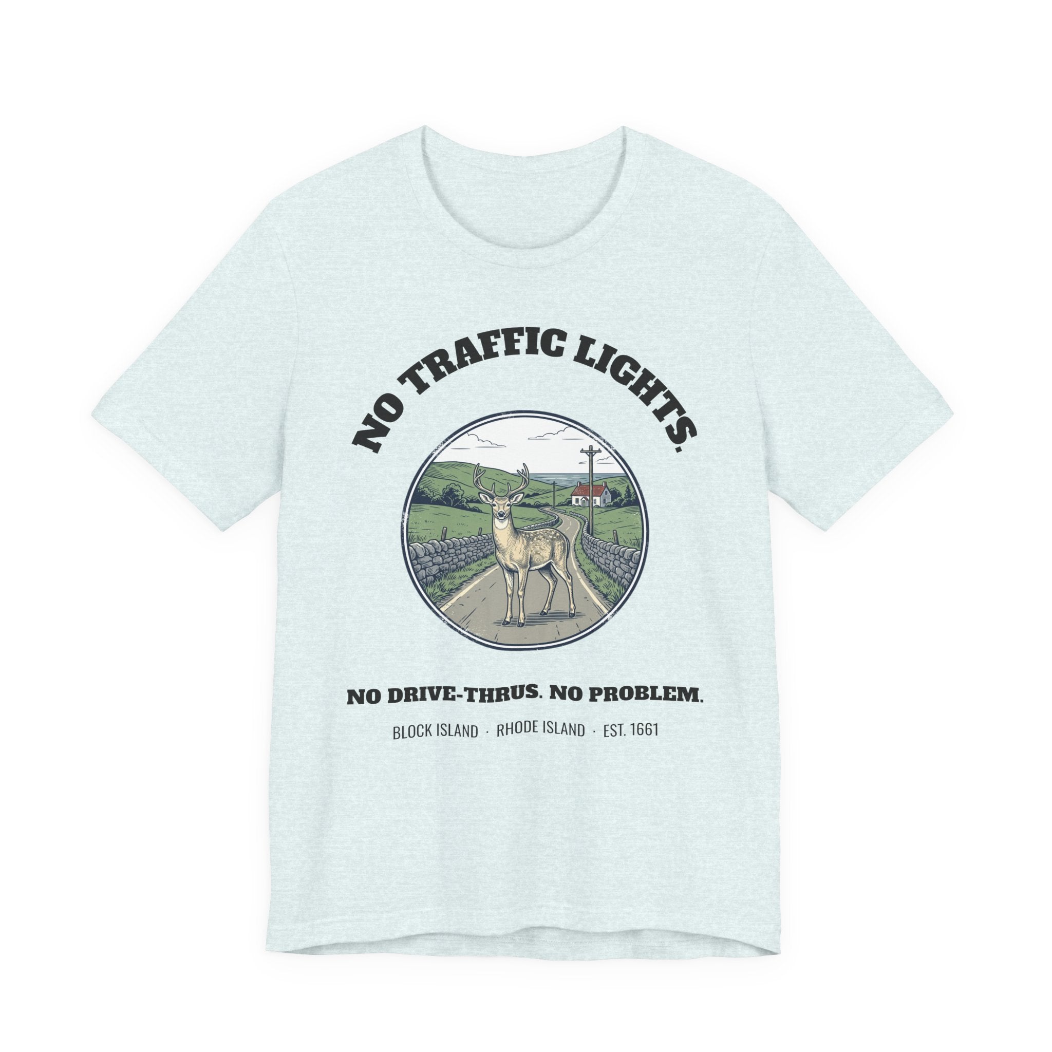 Block Island No Traffic Lights T-Shirt in Heather Ice Blue, BlockBoundRI