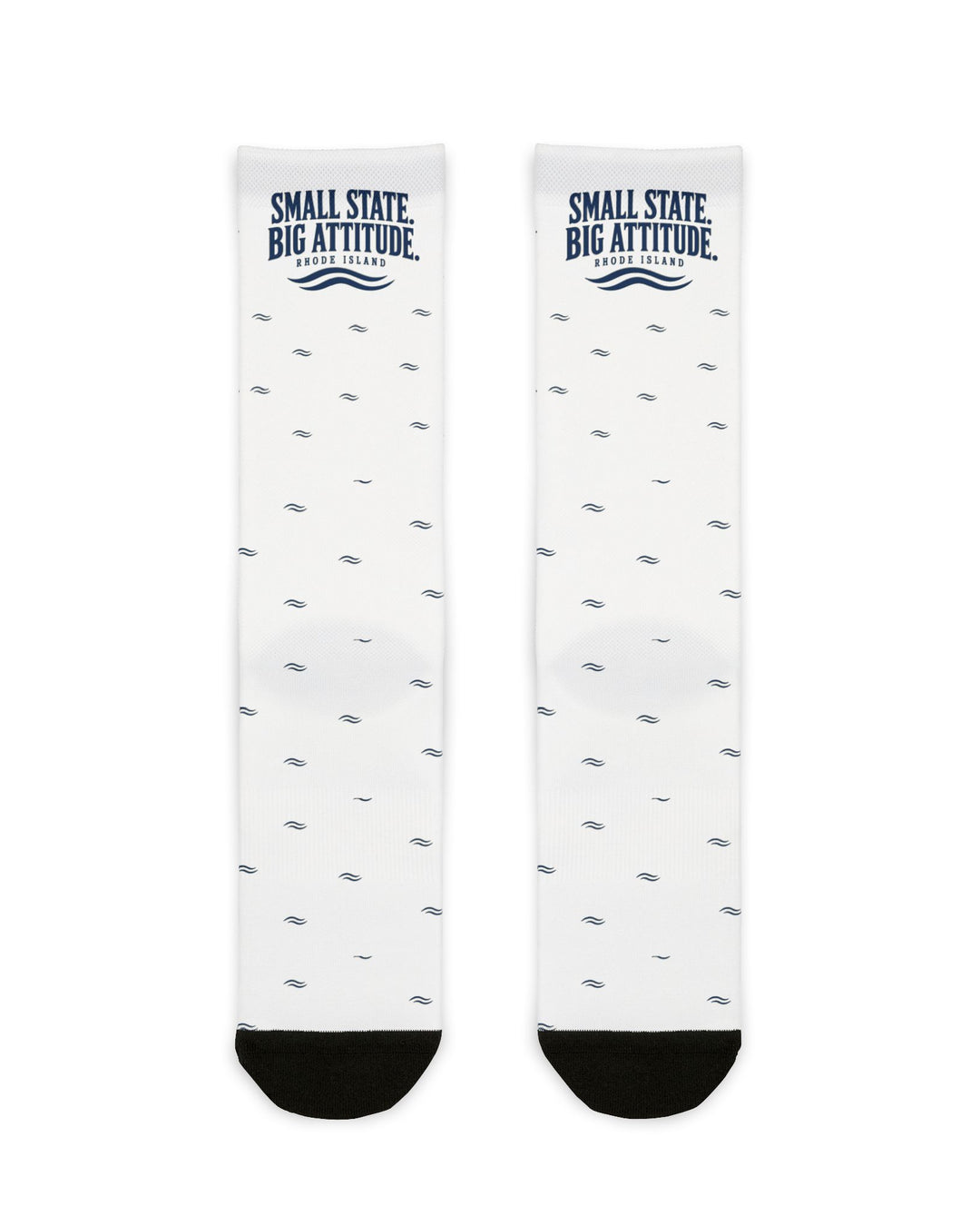 BlockBoundRI Small State. Big Attitude. Rhode Island socks flat lay, white with navy wave pattern and black toes