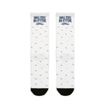 BlockBoundRI Small State. Big Attitude. Rhode Island socks flat lay, white with navy wave pattern and black toes