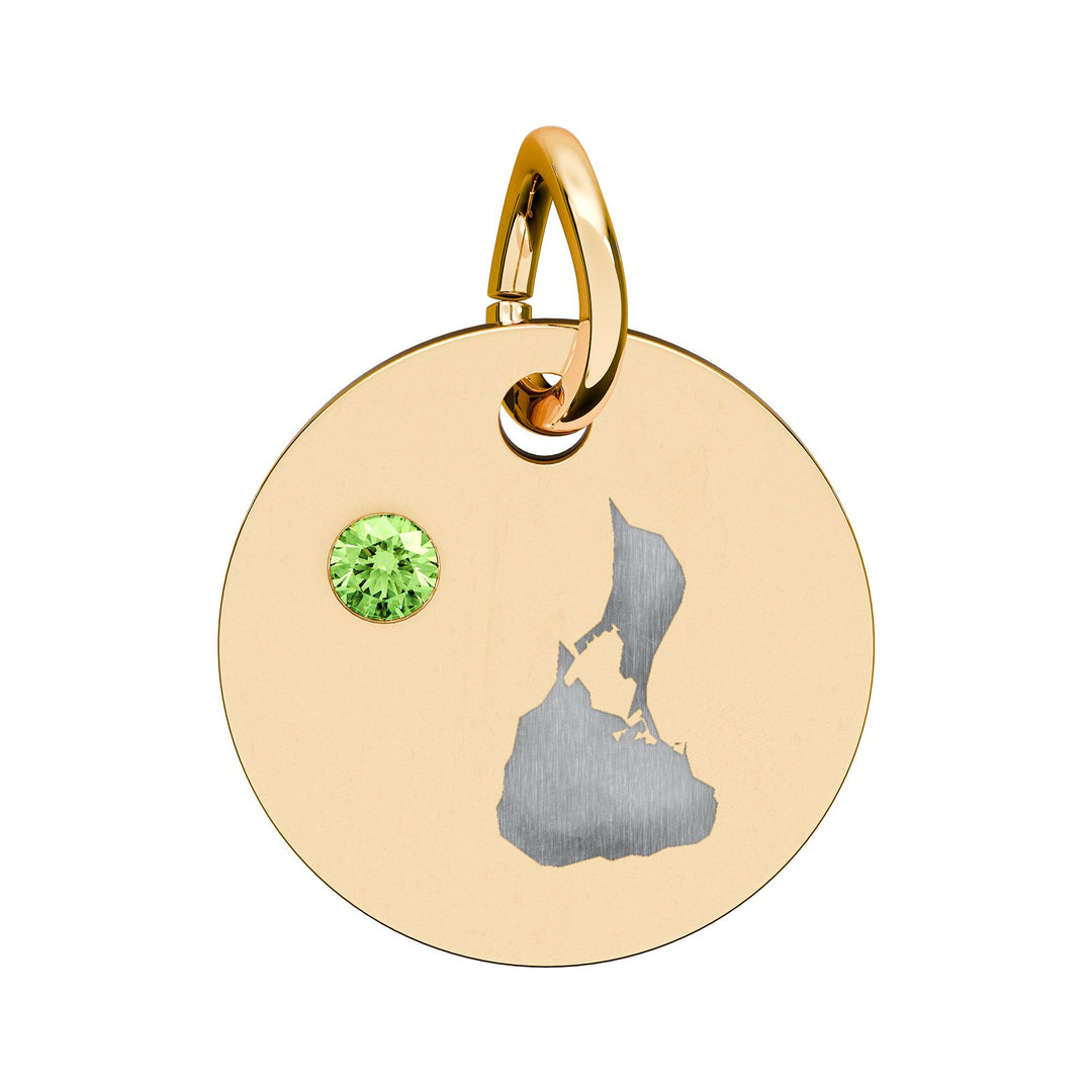 Round engraved Block Island charm with a cubic zirconia birthstone