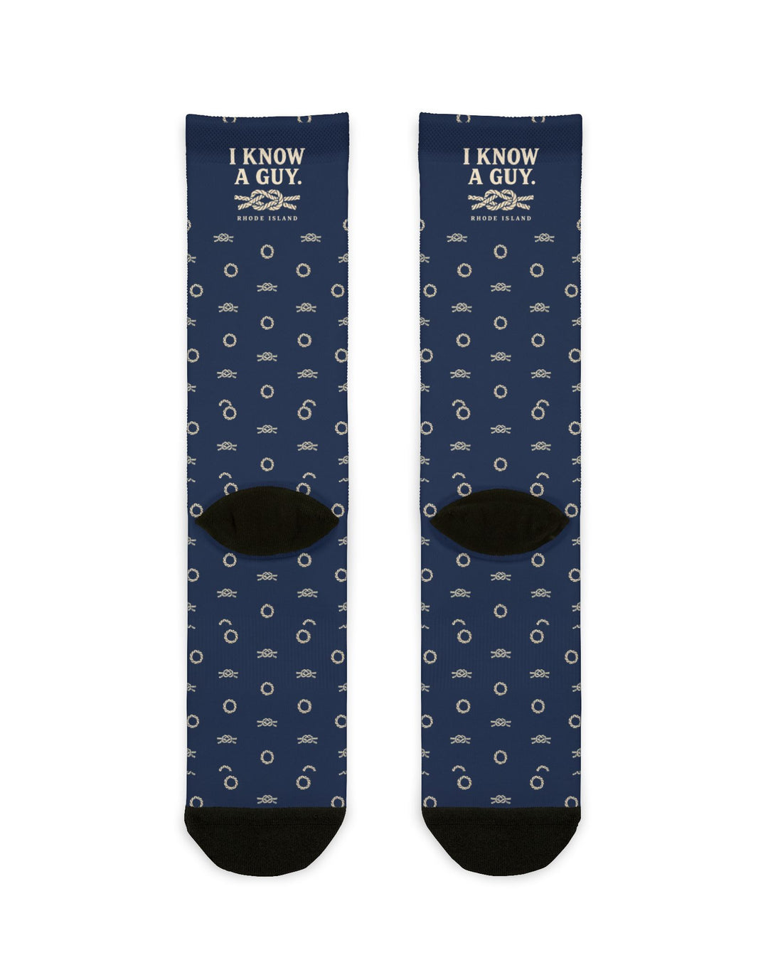 Back flat lay of navy I Know a Guy. Rhode Island crew socks showing black heels and toes