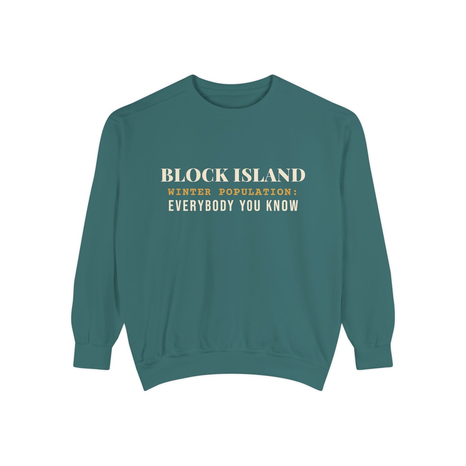 Block Island Winter Population crewneck sweatshirt in Blue Spruce - BlockBoundRI