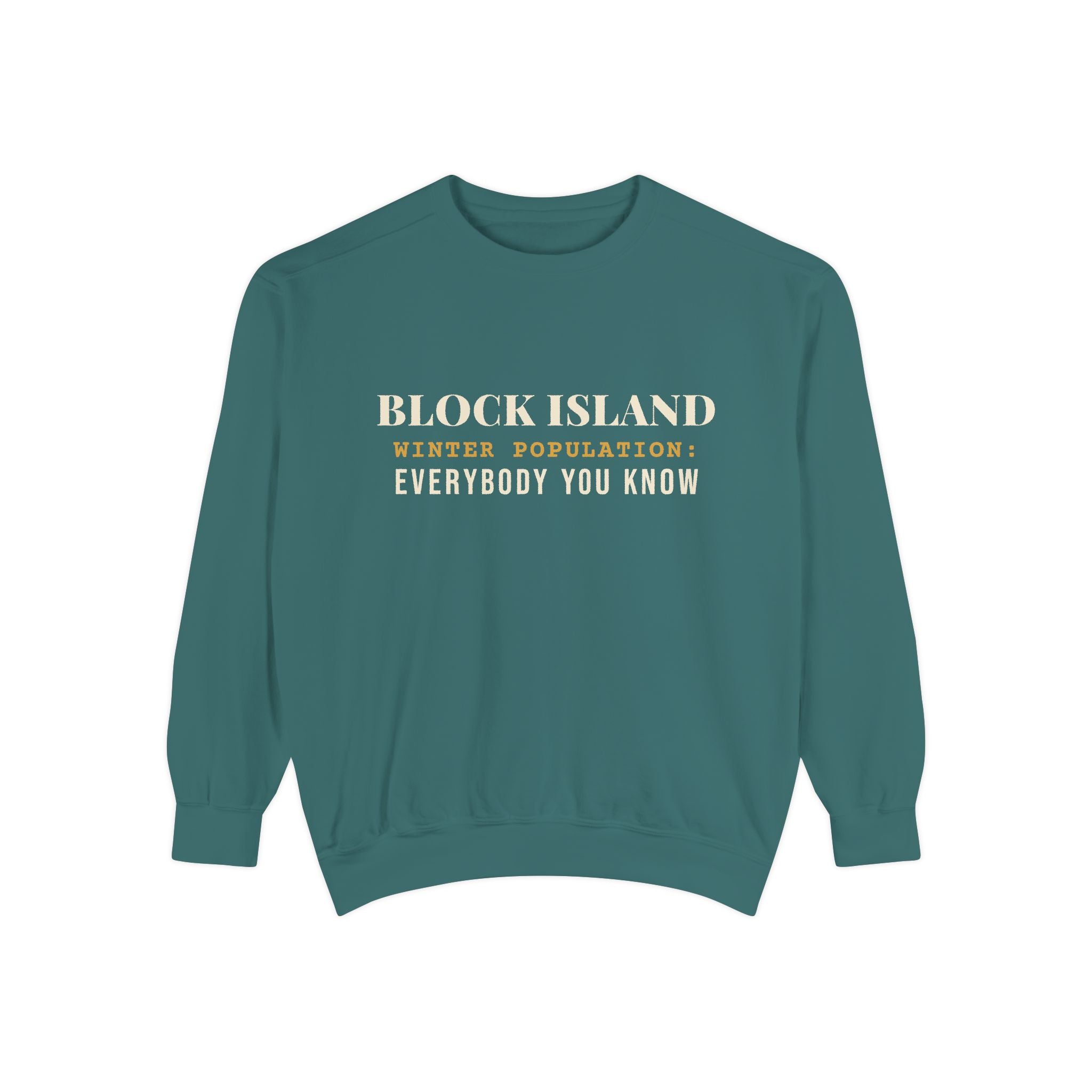 Block Island Winter Population crewneck sweatshirt in Blue Spruce - BlockBoundRI