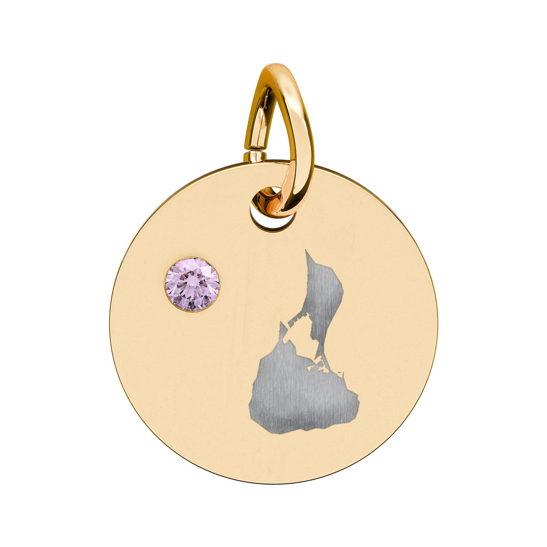 Round engraved Block Island charm with a cubic zirconia birthstone