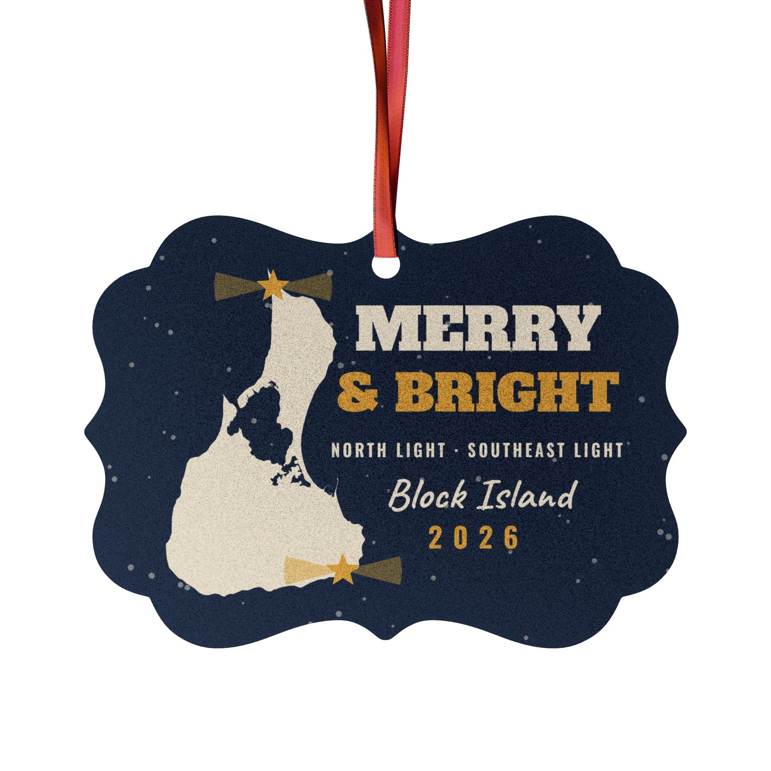 Merry and Bright Block Island lighthouses aluminum Christmas ornament - BlockBoundRI