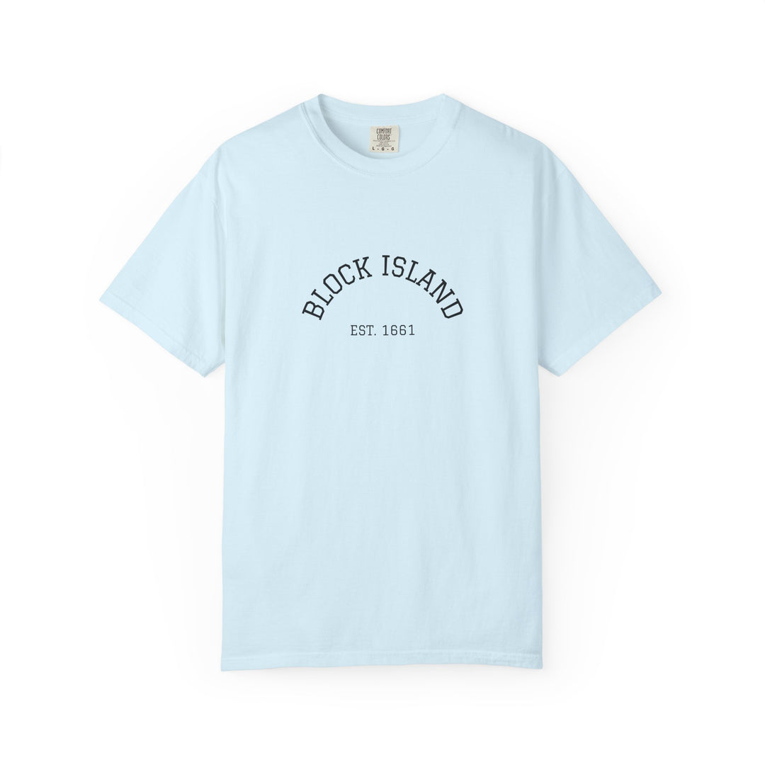 Block Island Est. 1661 Arch Tee, Garment-Dyed in Chambray, BlockBoundRI