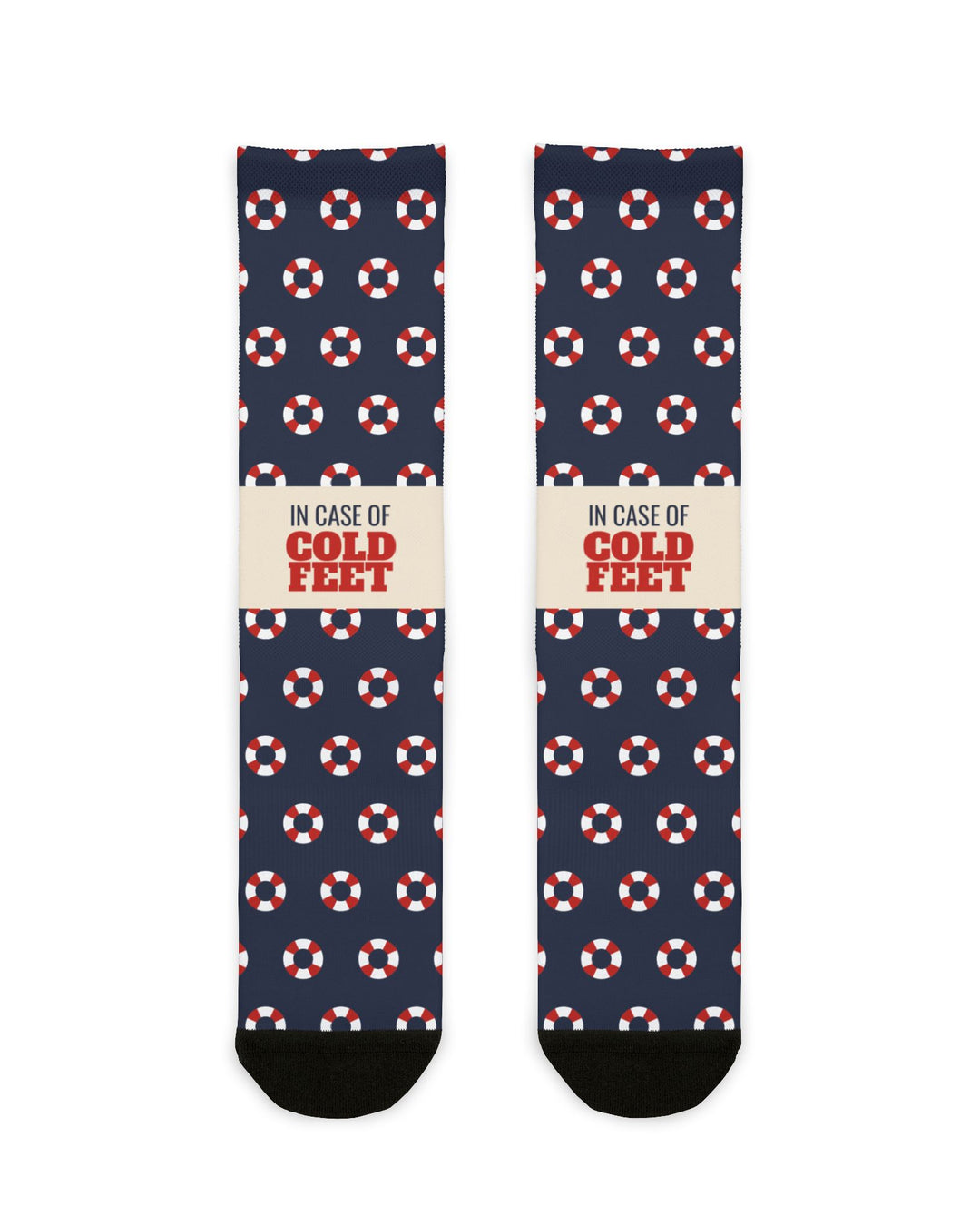 BlockBoundRI In Case of Cold Feet nautical crew socks, navy with red and white life rings, flat lay front