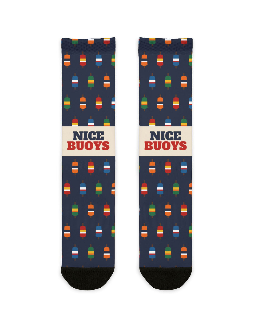 Nice Buoys funny Rhode Island socks in navy with multicolor lobster buoy print and red lettering on a cream band, flat lay