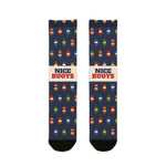 Nice Buoys funny Rhode Island socks in navy with multicolor lobster buoy print and red lettering on a cream band, flat lay