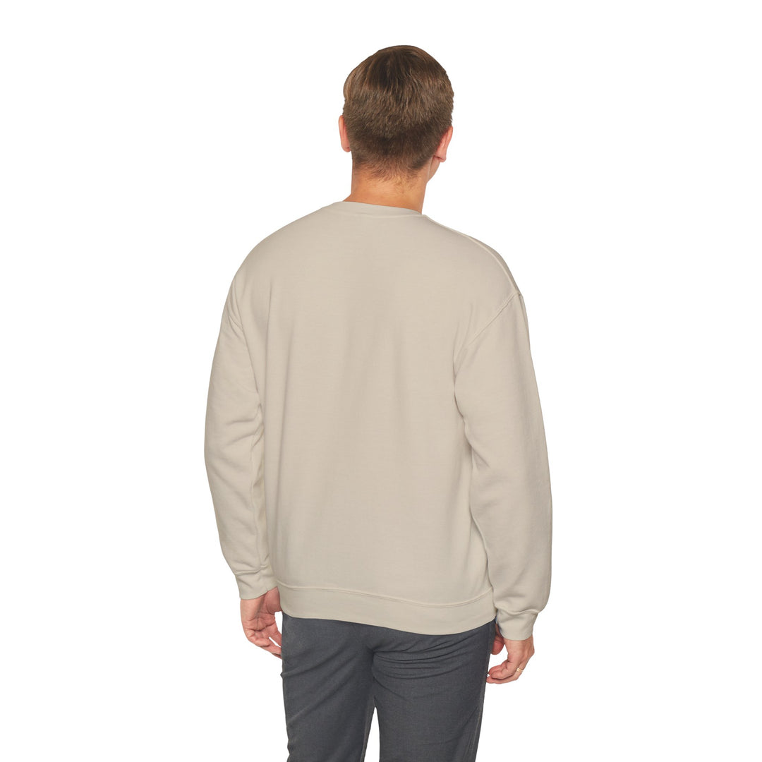 Back view of a man in the plain sand Standby Line Rhode Island sweatshirt