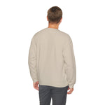 Back view of a man in the plain sand Standby Line Rhode Island sweatshirt