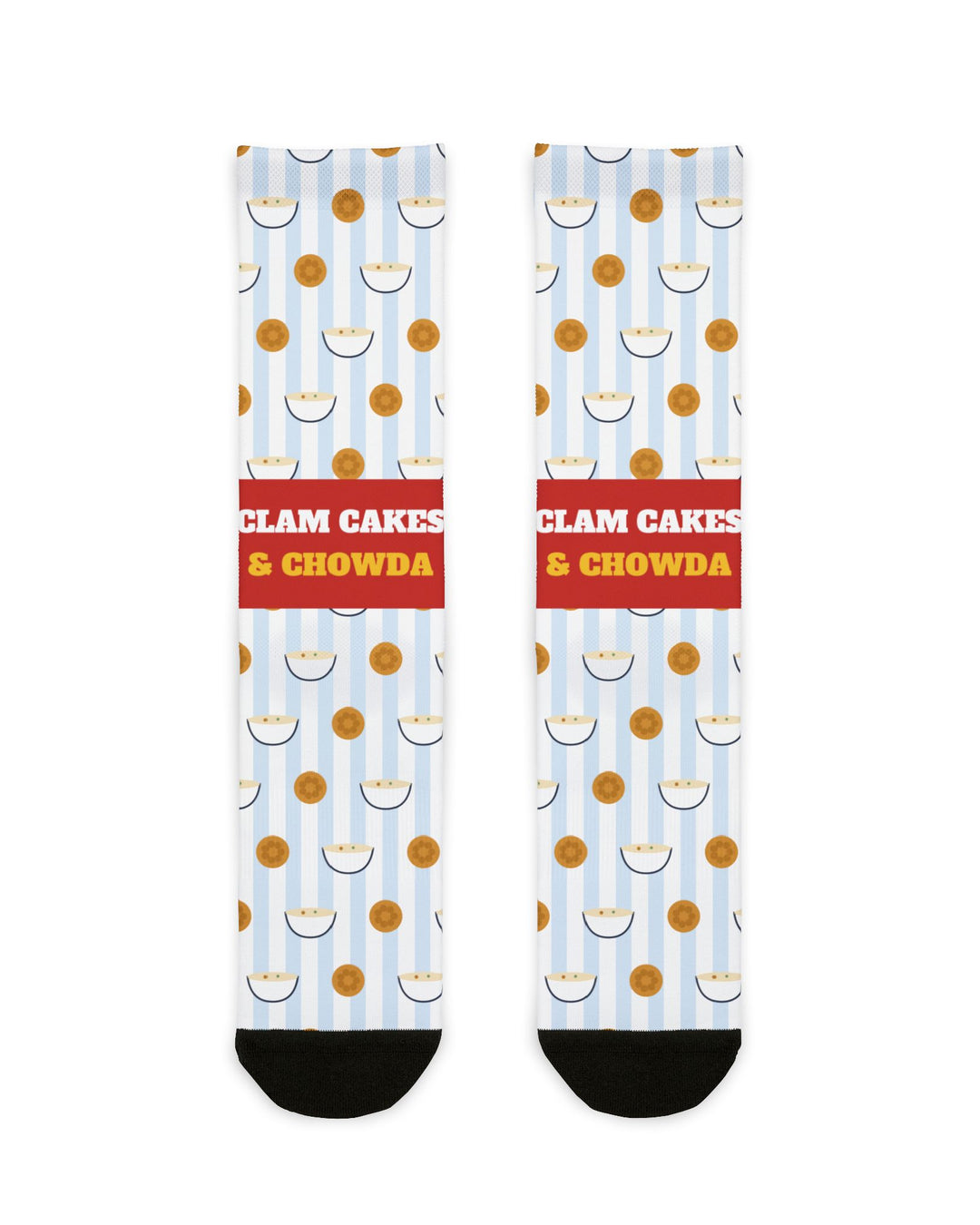 BlockBoundRI Clam Cakes & Chowda Rhode Island socks, front flat lay of blue-striped crew socks with red slogan band