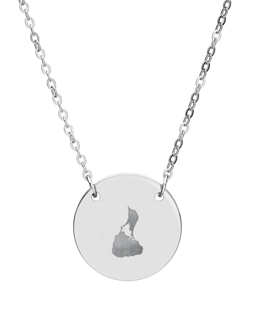 BlockBoundRI Block Island necklace in Stainless Steel, round disc pendant engraved with the island map silhouette