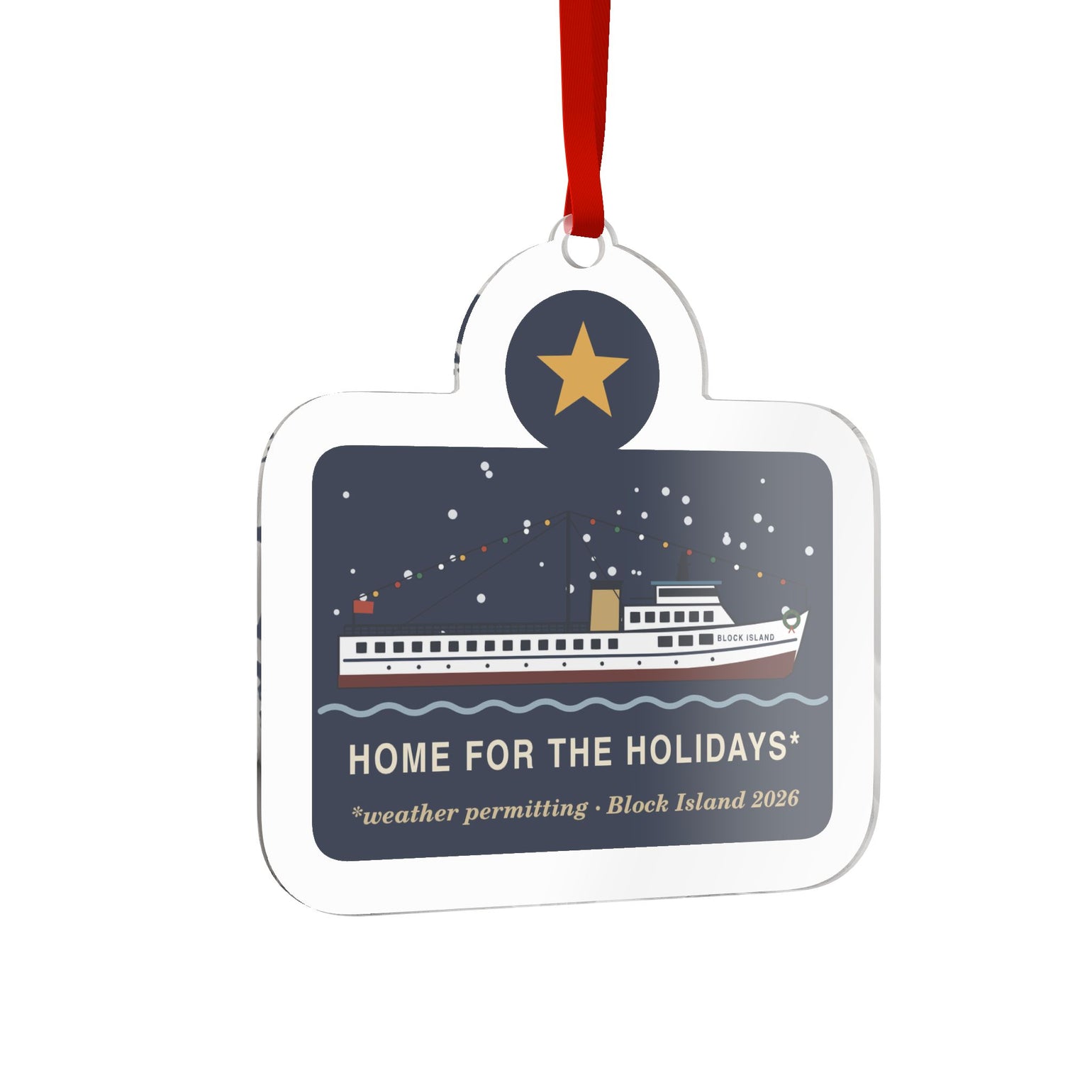 Home for the Holidays ferry ornament: M/V BLOCK ISLAND with holiday lights and wreath, Block Island 2026 — view 2