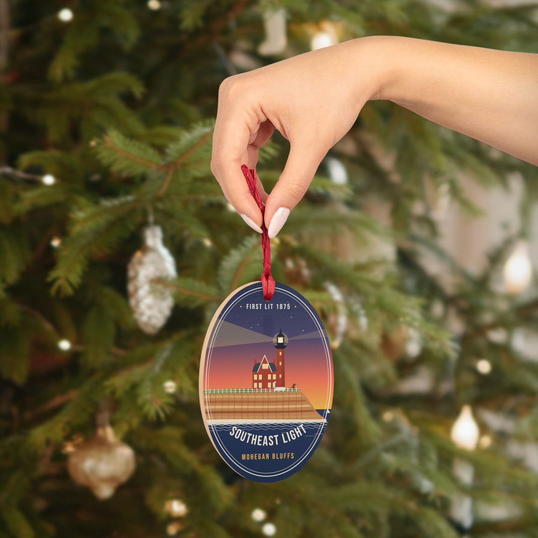 Two Lights Wooden Dog Ornament — Block Island Southeast Light & North Light