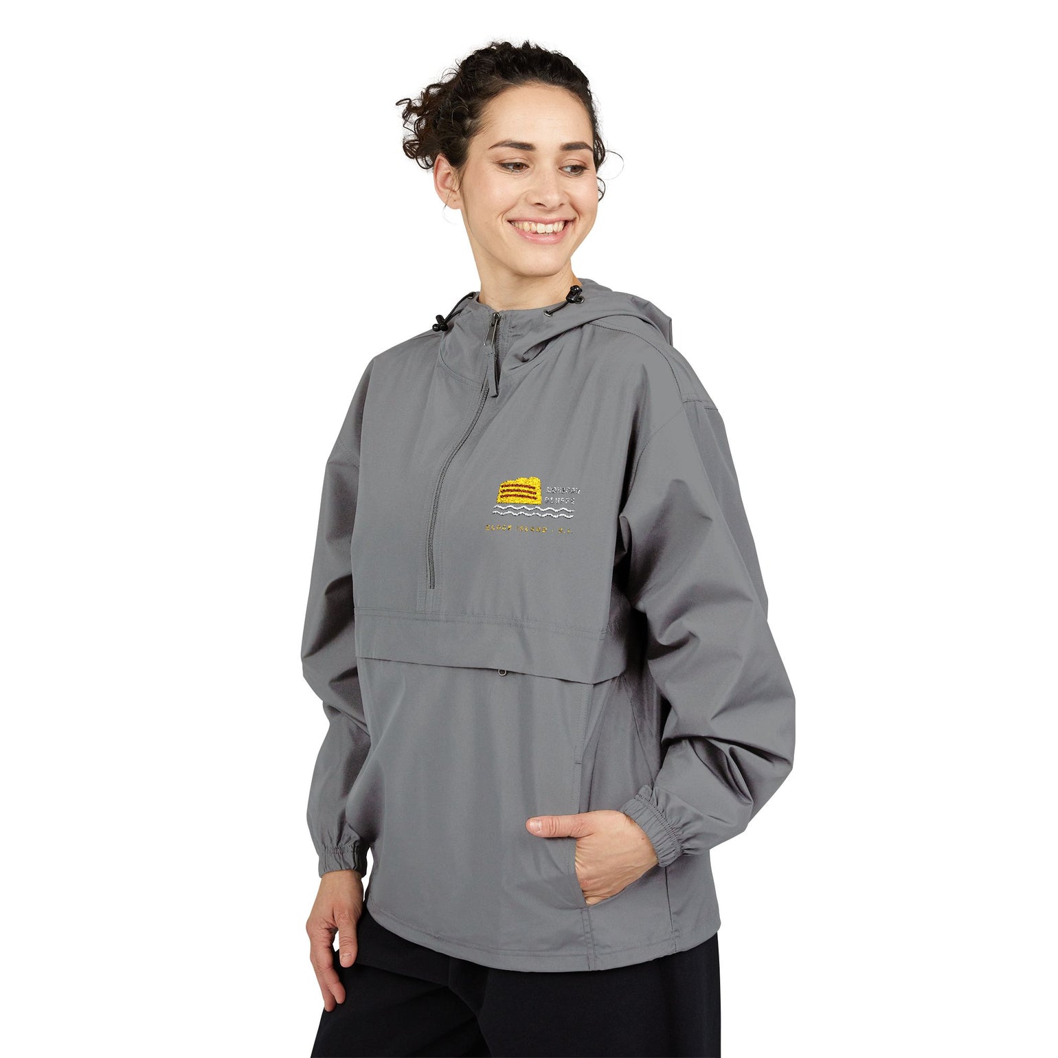 Champion packable anorak with embroidered Mohegan Bluffs cliff and surf mark on the left chest — view 8