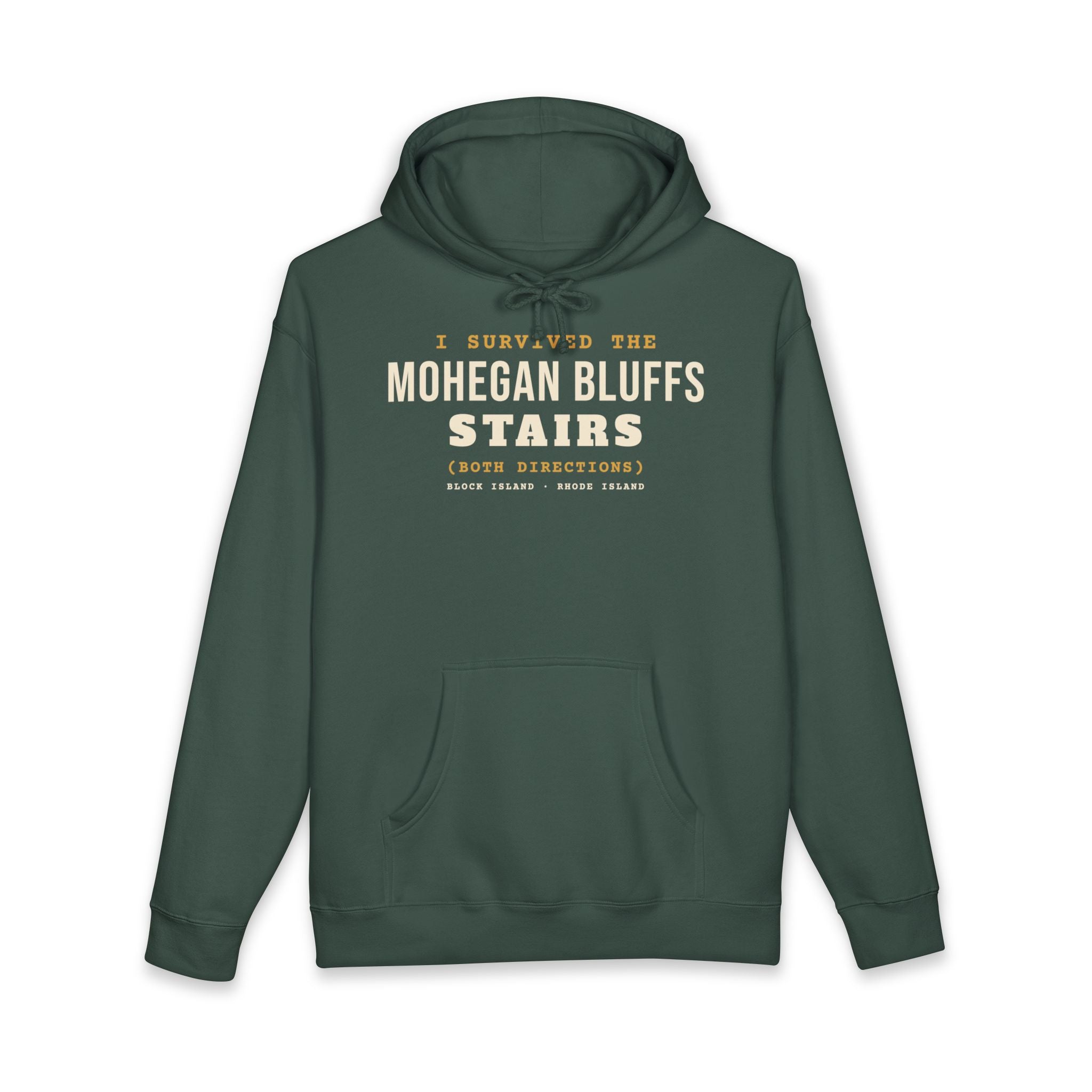 I Survived the Mohegan Bluffs Stairs Block Island hoodie in Alpine Green - BlockBoundRI