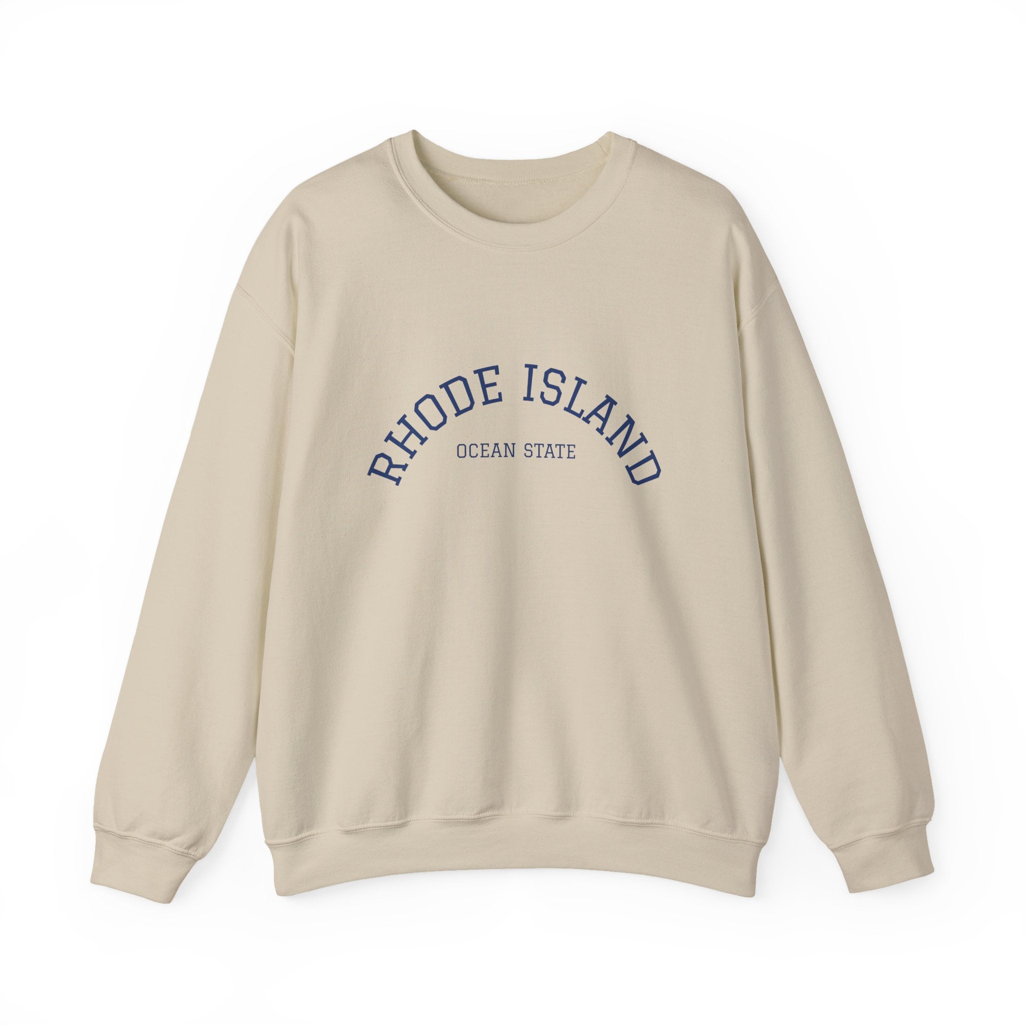 Rhode Island Varsity Crewneck Sweatshirt in Sand, BlockBoundRI